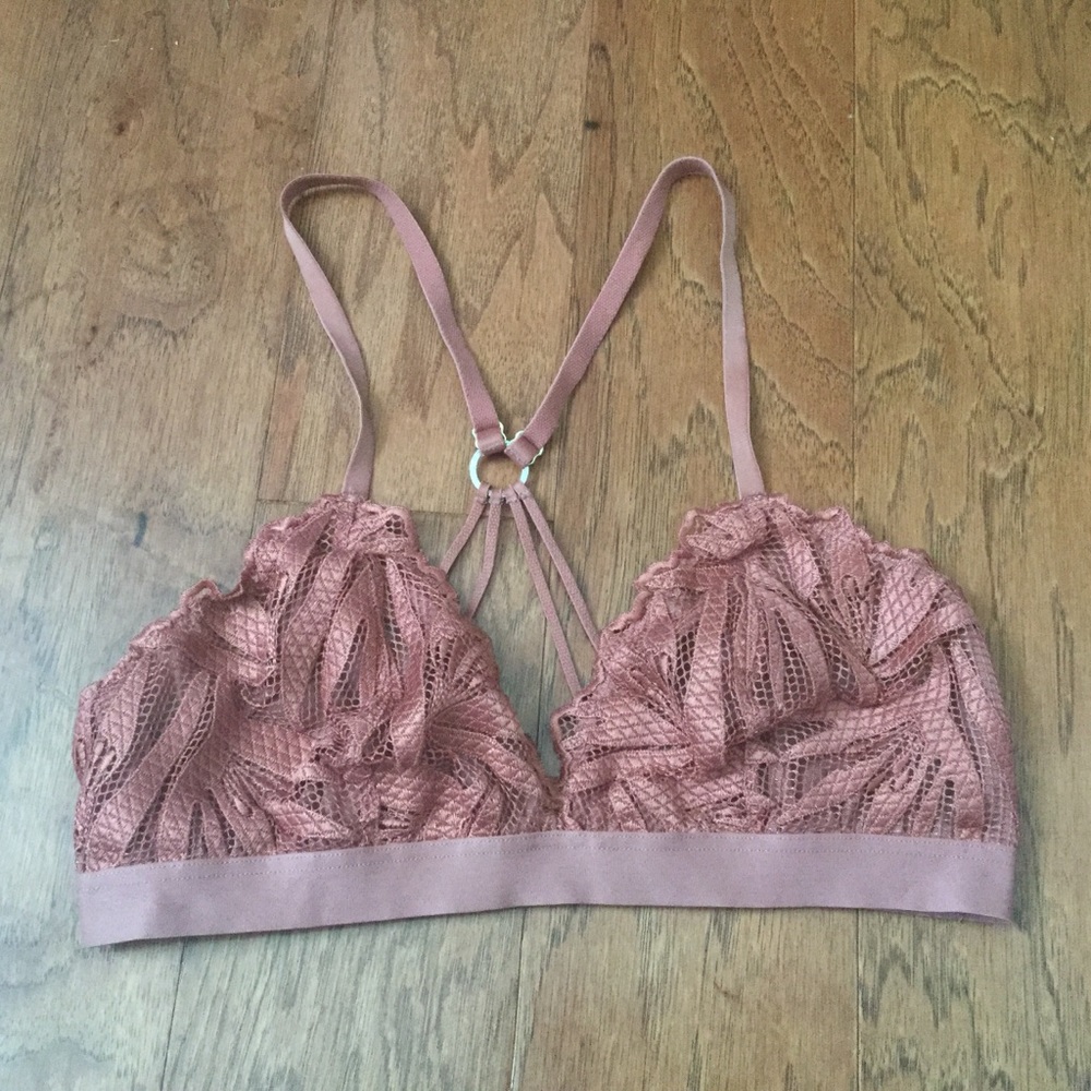 Aerie Rust Brown Strappy Razorback Sheer Mesh Lace V-Neck Bralette Size M Boho